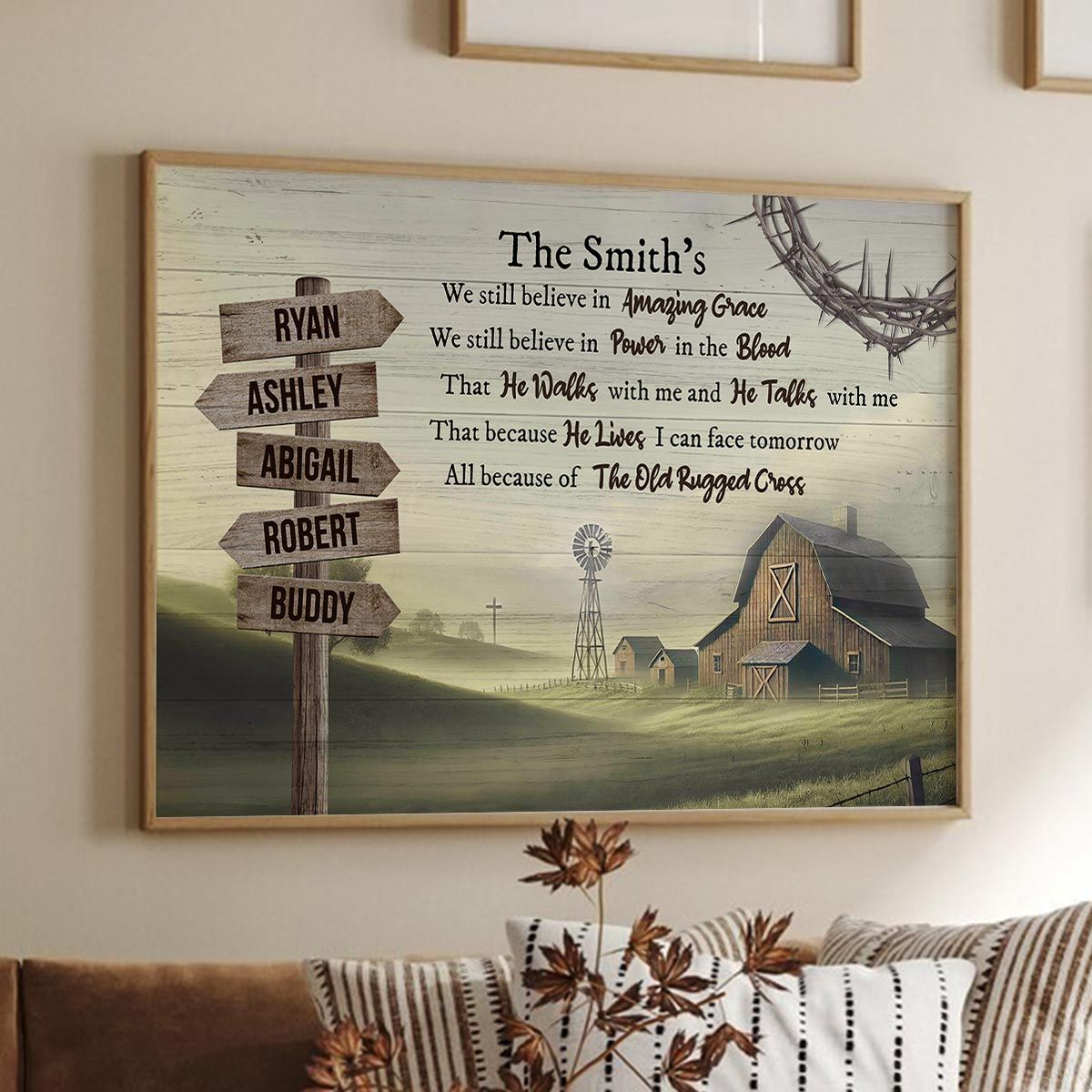 Amazing Grace Farmhouse Wooden Road Sign Premium Canvas, Perfect Family Personalized House, Kitchen, Living Room Decoration