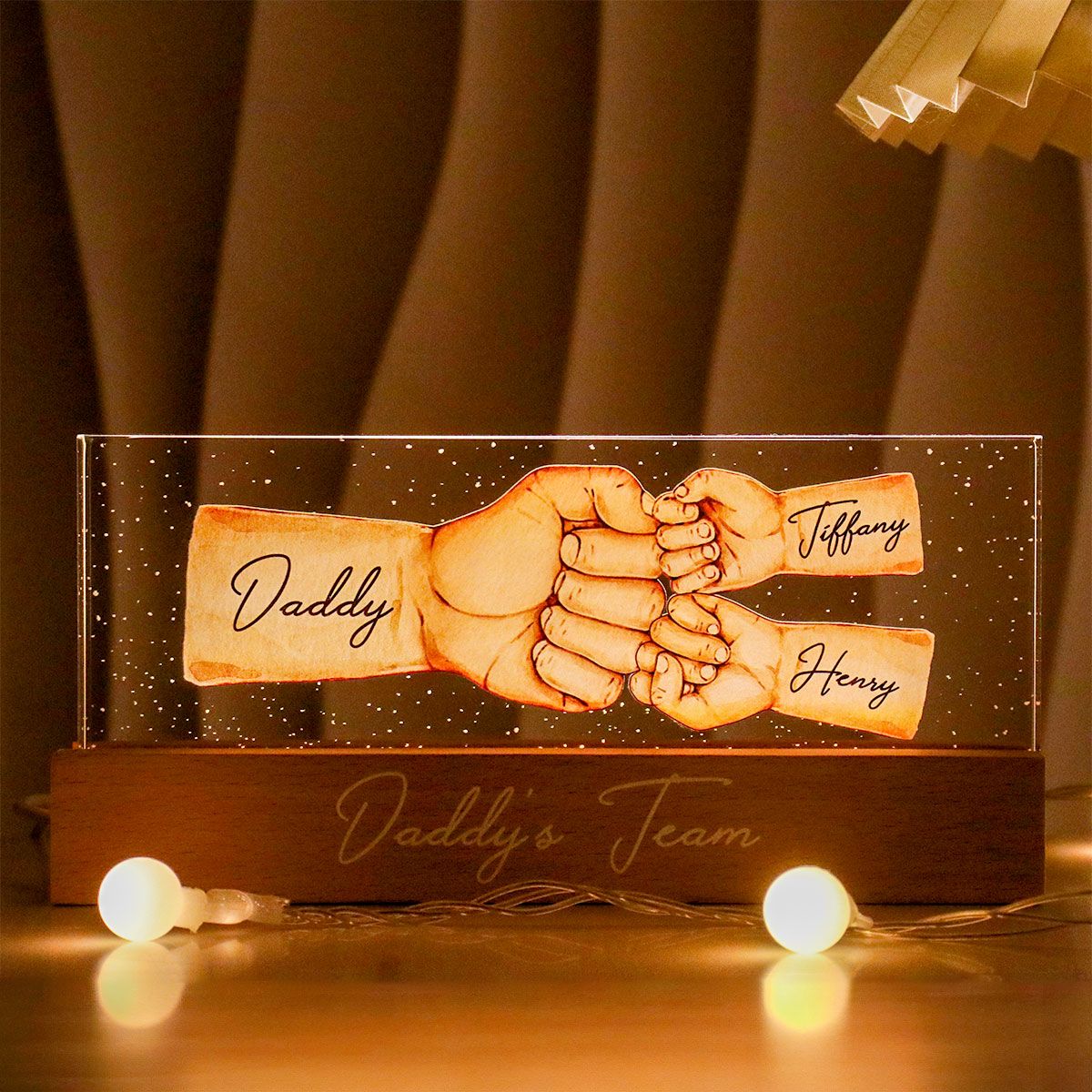 Daddy's Team Fist Bump Personalized Acrylic LED Night Light, Father's Day Gift For Dad, For Grandpa, For Husband