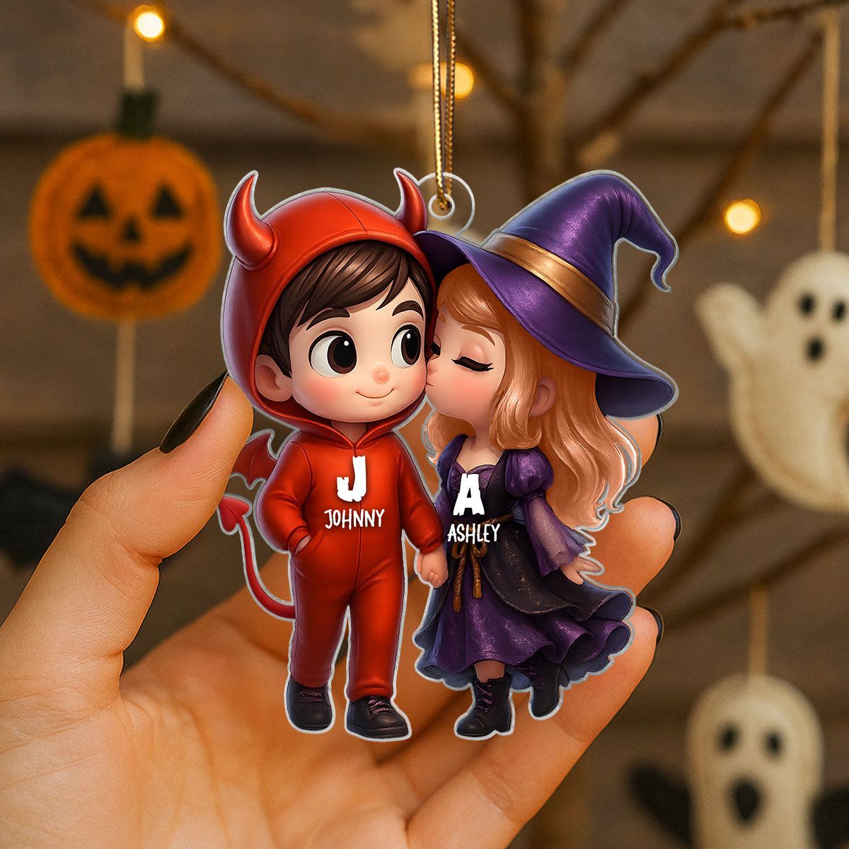 Cute Cartoon Halloween Couple Personalized Acrylic Ornament,Halloween Tree Decoration