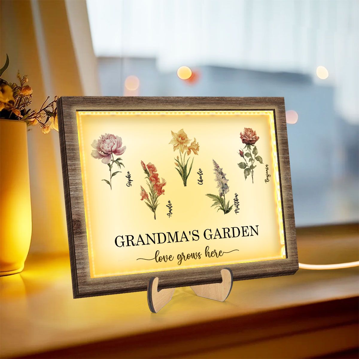 Grandma's Garden Love Grows Here Birth Month Flower Personalized 2-Layered Wooden Frame with LED, Heartfelt Mother's day gift for Grandma, Mom
