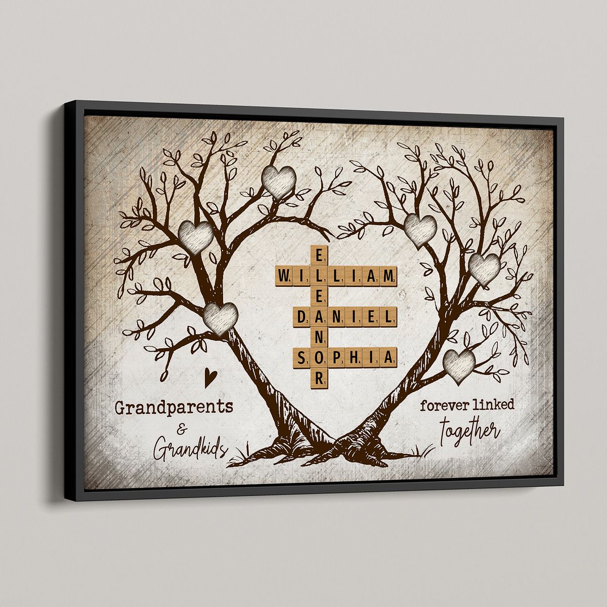 Grandparents & Grandkids Forever Linked Together Heart Tree Puzzle Crossword Art Personalized Canvas, Gift For Grandparents, Grandma, Grandpa