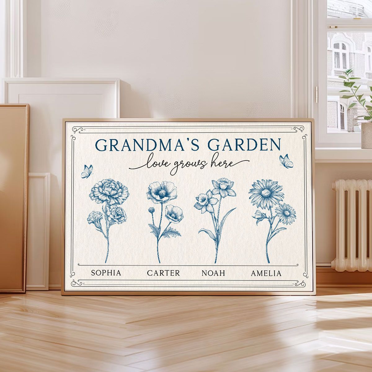 Grandma's Garden Retro Birthmonth Flower Personalized Canvas, Grandkids Names Floral Gift