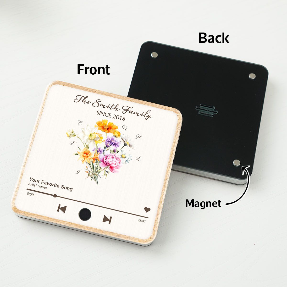 Birth Month Flower Bouquet Family Name Personalized Music Fridge Magnet