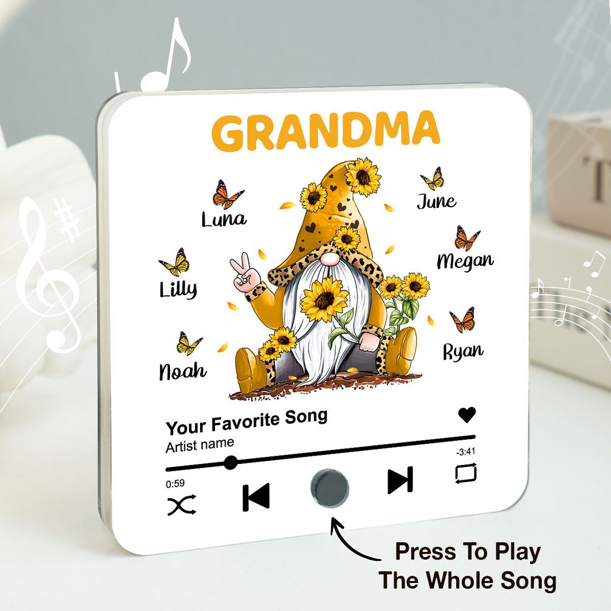 Sunflower Gnome Butterflies Grandma With Grandkids Personalized Music Fridge Magnet, Heartfelt Mother's Day Gift For Mom For Grandma