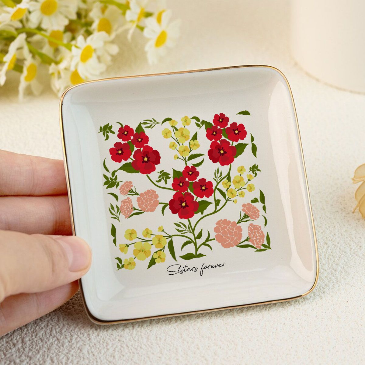 Custom Sisters Besties Birth Flower Bouquet Artwork Minimalist Personalized Jewelry Dish