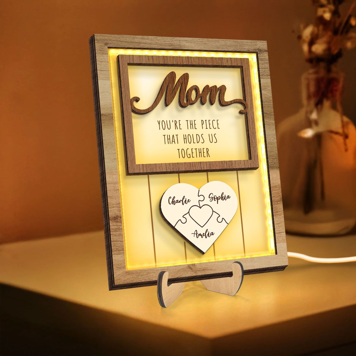 Mom You're The Piece that Holds Us Together Personalized 2-Layered Wooden Frame with LED, Heartfelt Mother's Day Gift for Mom, Grandma