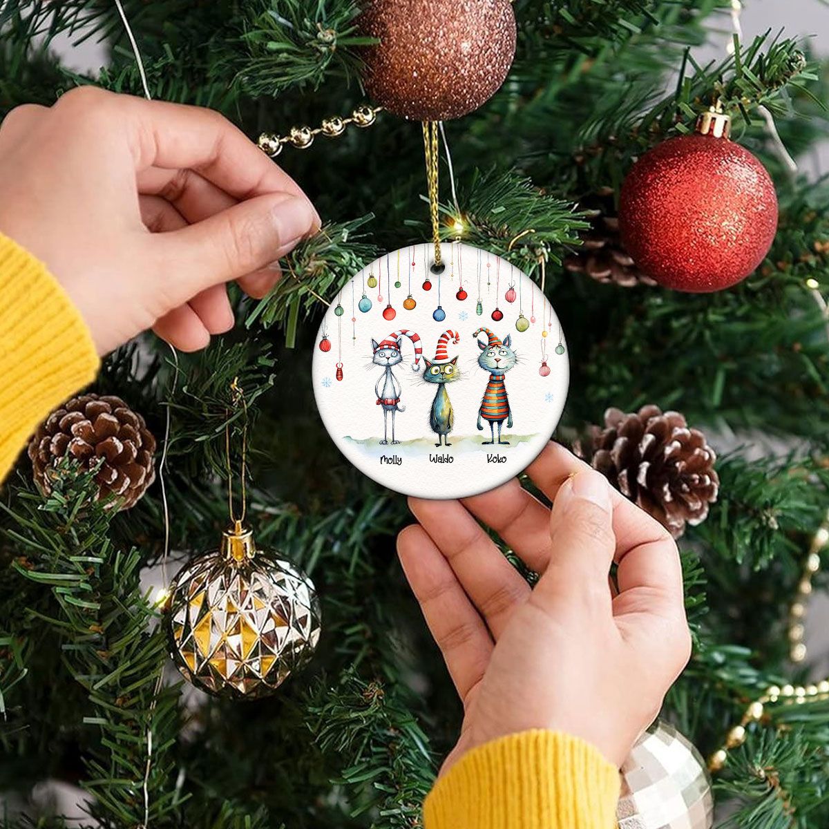 Quirky Christmas Cat Whimsical Funny Silly Holiday Cats Personalized Circle Ceramic Ornament
