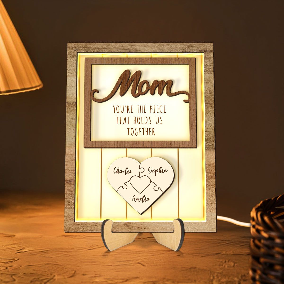 Mom You're The Piece that Holds Us Together Personalized 2-Layered Wooden Frame with LED, Heartfelt Mother's Day Gift for Mom, Grandma