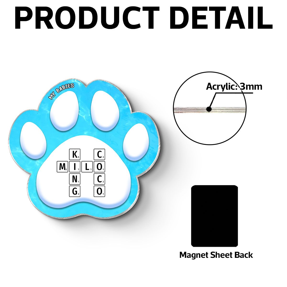Dog Cat Pet Names Crossword Puzzle Art Personalized Paw Shaped Acrylic Fridge Magnet