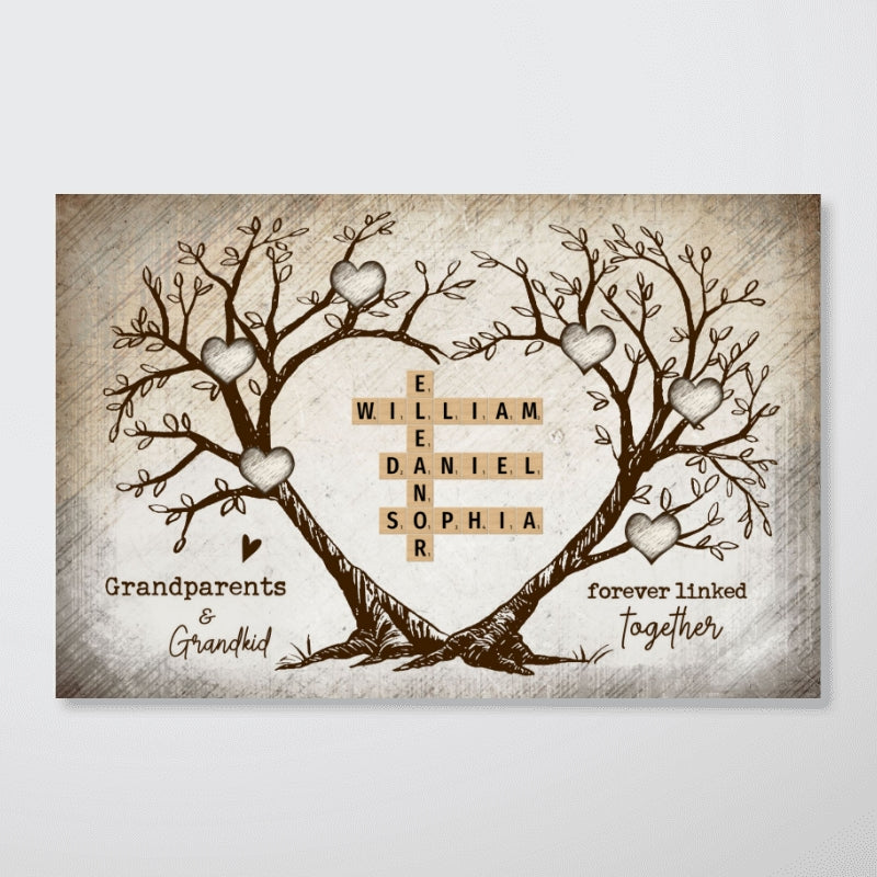Grandparents & Grandkids Forever Linked Together Heart Tree Puzzle Crossword Art Personalized Canvas, Gift For Grandparents, Grandma, Grandpa