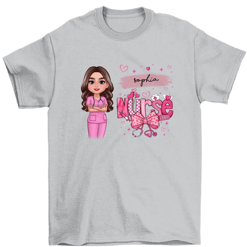 Nurse Pink Coquette Bow Personalized Shirt, Birthday Valentine's Day Gift For Nurse Wife Girlfriend Bestie