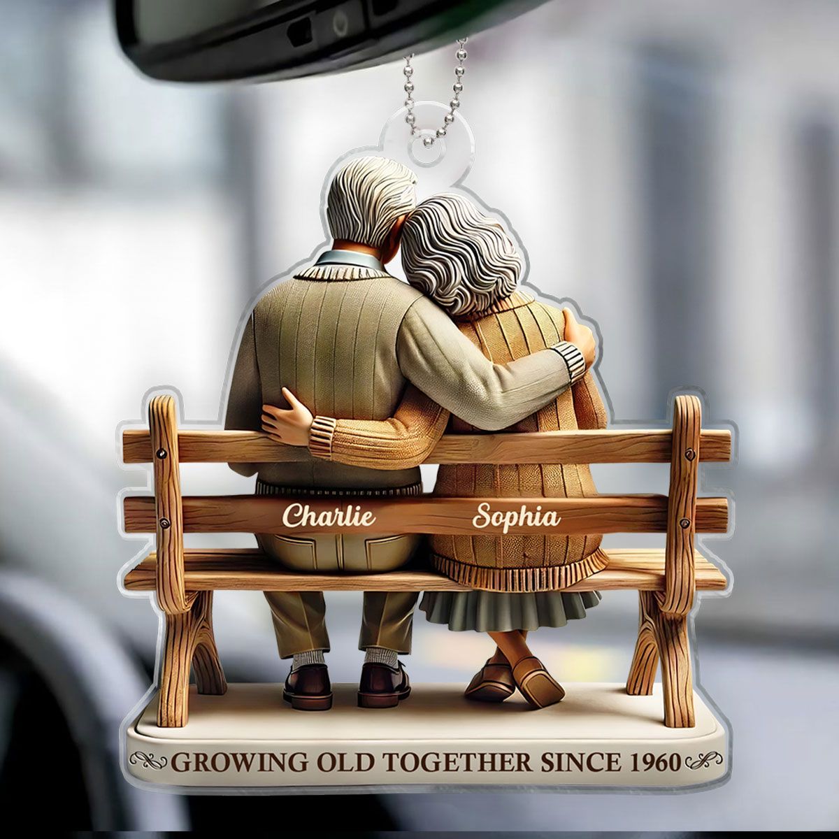 Old Couple Sitting On Bench Growing Old Together Since Personalized Car Hanger Ornament, Heartfelt Gift For Couple, For Him, For Her, Husband, Wife