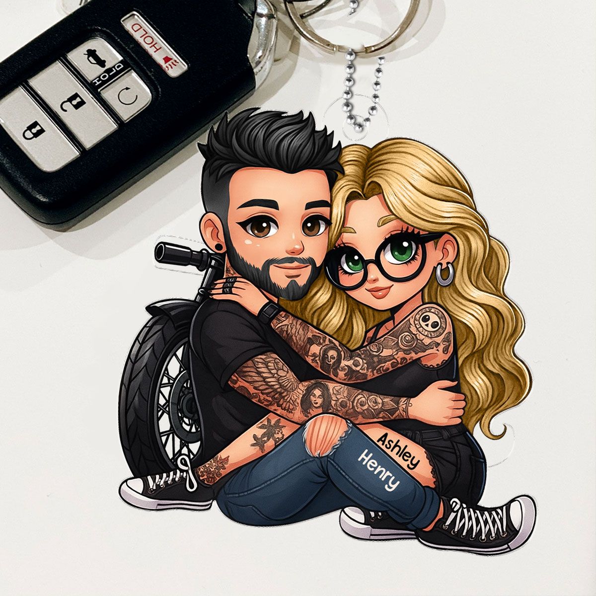 Biker 3D Cartoon Effect Couple Personalized Acrylic Car Ornament, Gift for her, Gift for him, Motorcycle Lovers
