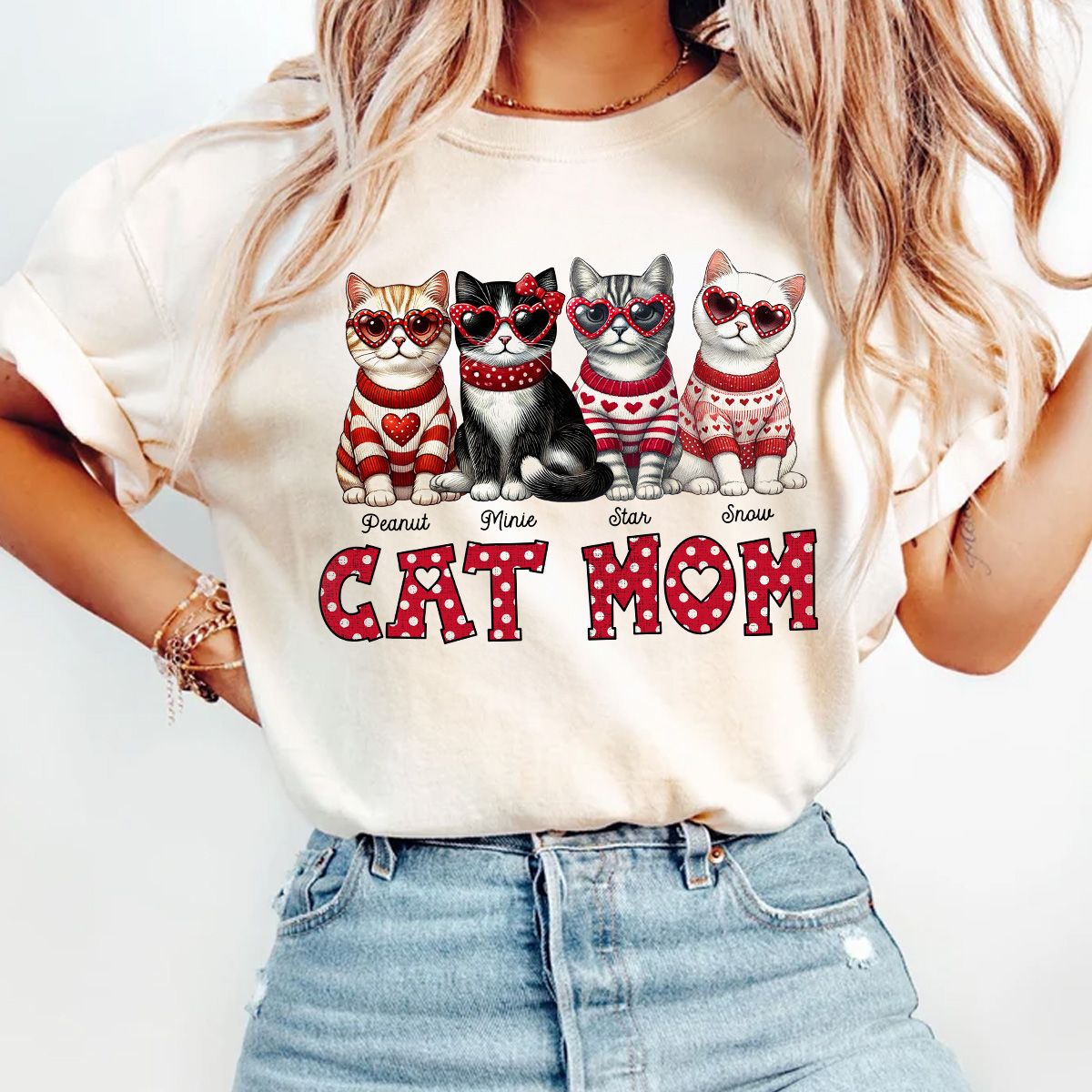 Cat Mom Valentine Pattern Personalized Shirt, Valentine's Day Gift for Cat Moms