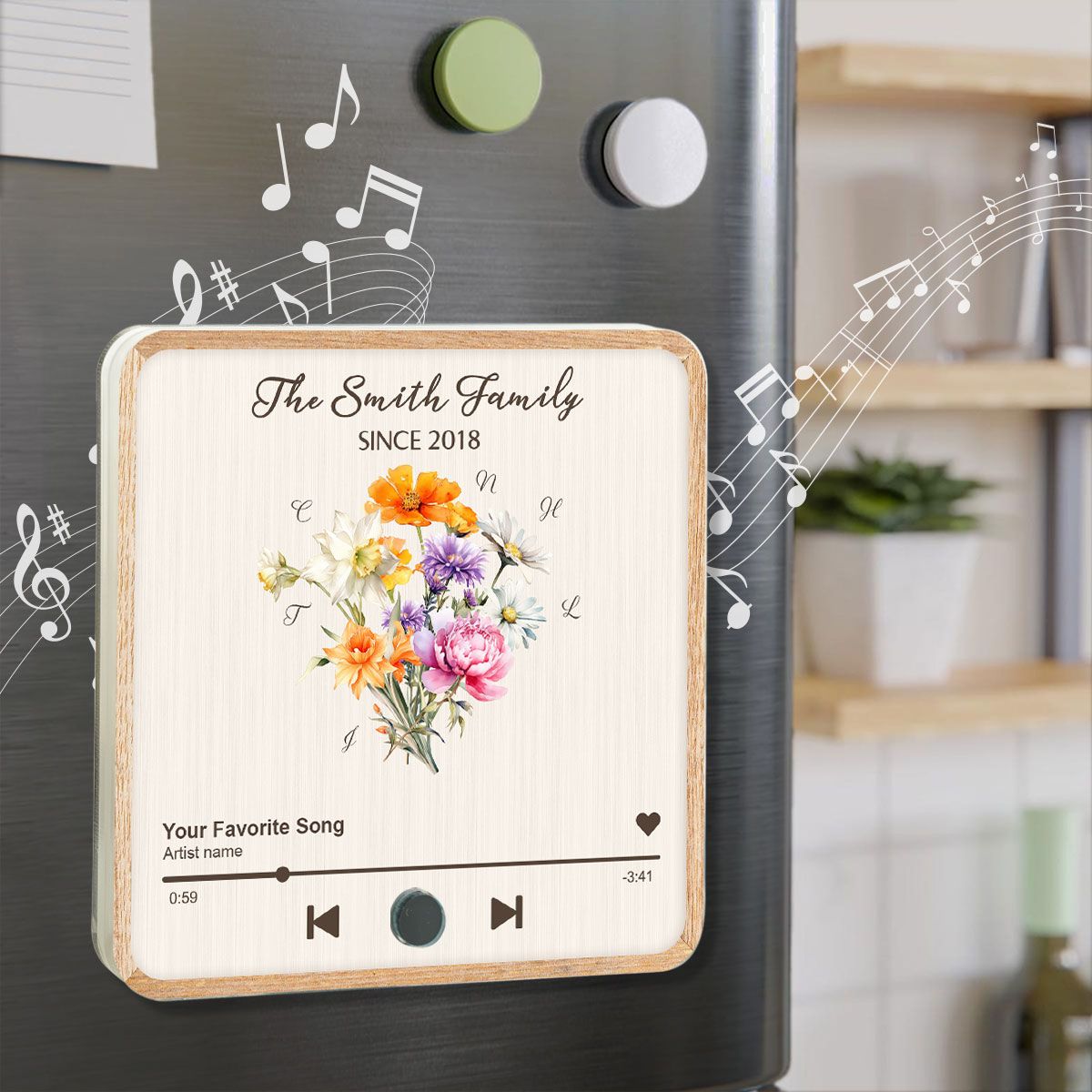 Birth Month Flower Bouquet Family Name Personalized Music Fridge Magnet