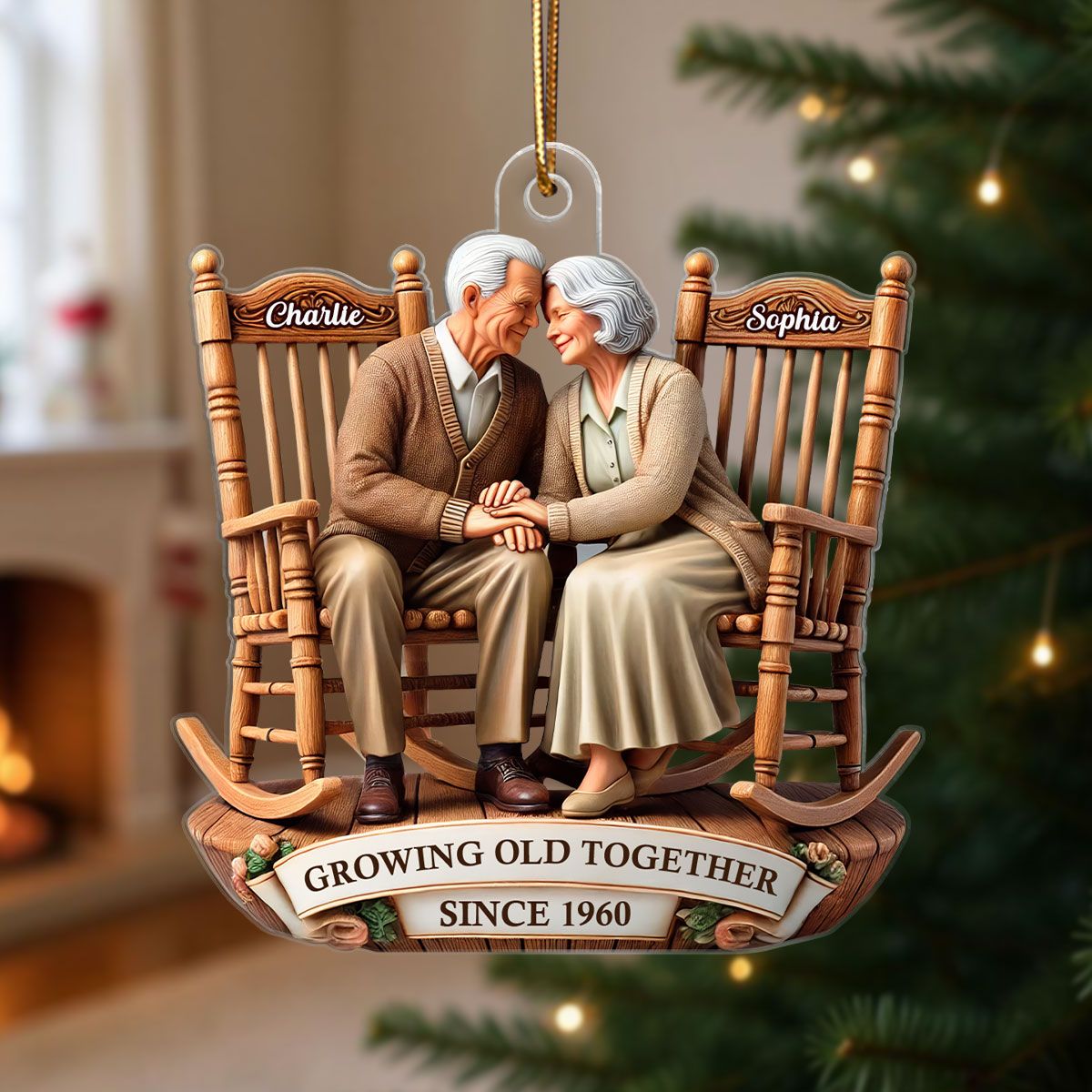 3D Effect Old Couple Sitting On Rocking Chairs Together Personalized Acrylic Ornament