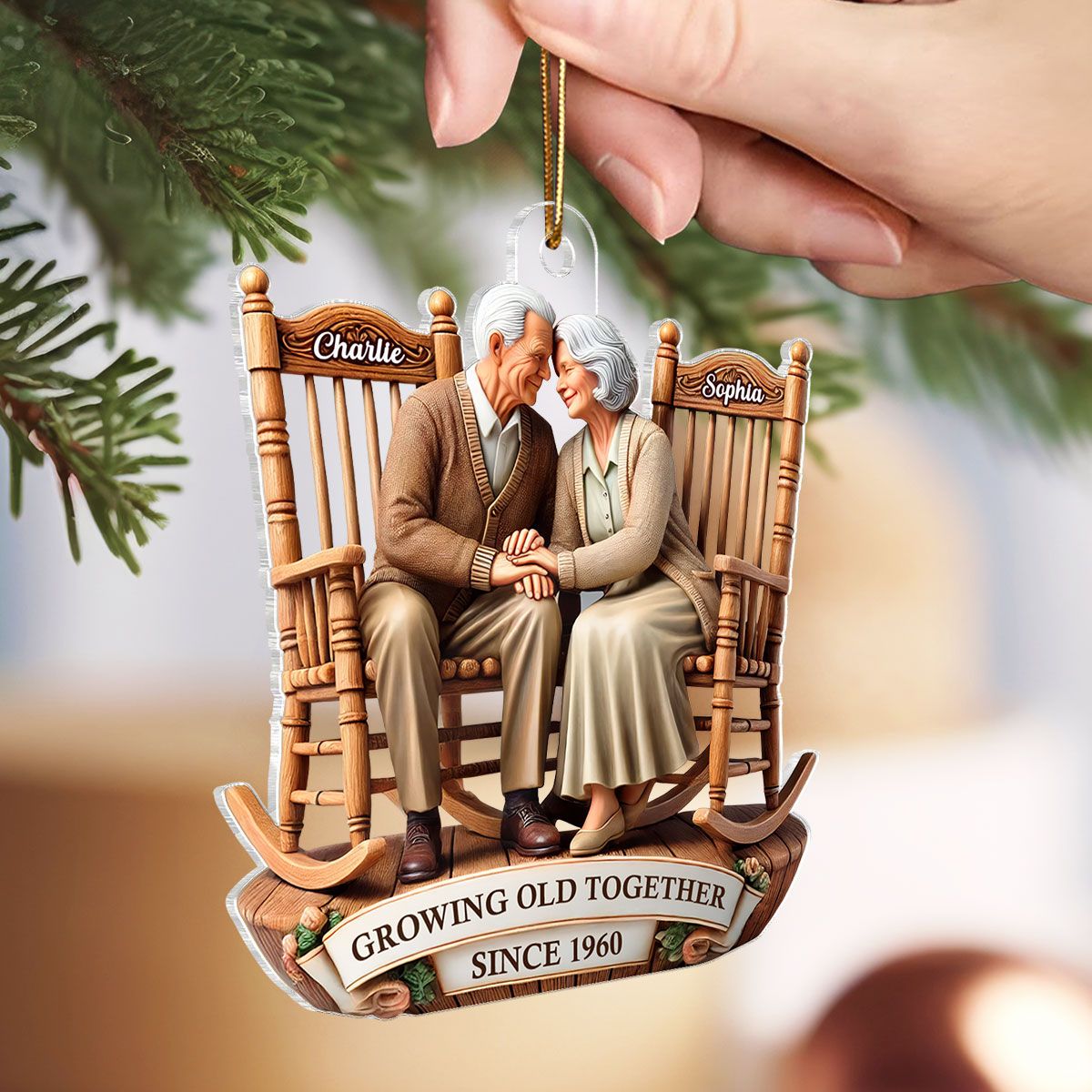 3D Effect Old Couple Sitting On Rocking Chairs Together Personalized Acrylic Ornament