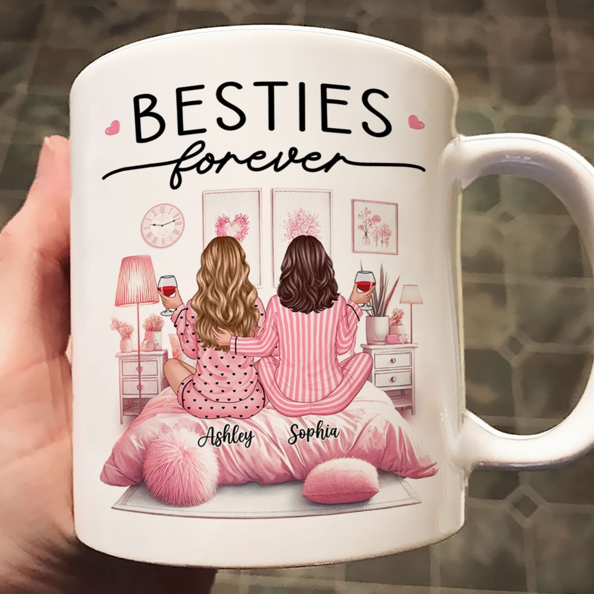 Pink Pajamas Besties In Cozy Room Personalized Mug, Heartfelt Gift For Best Friends, BFF
