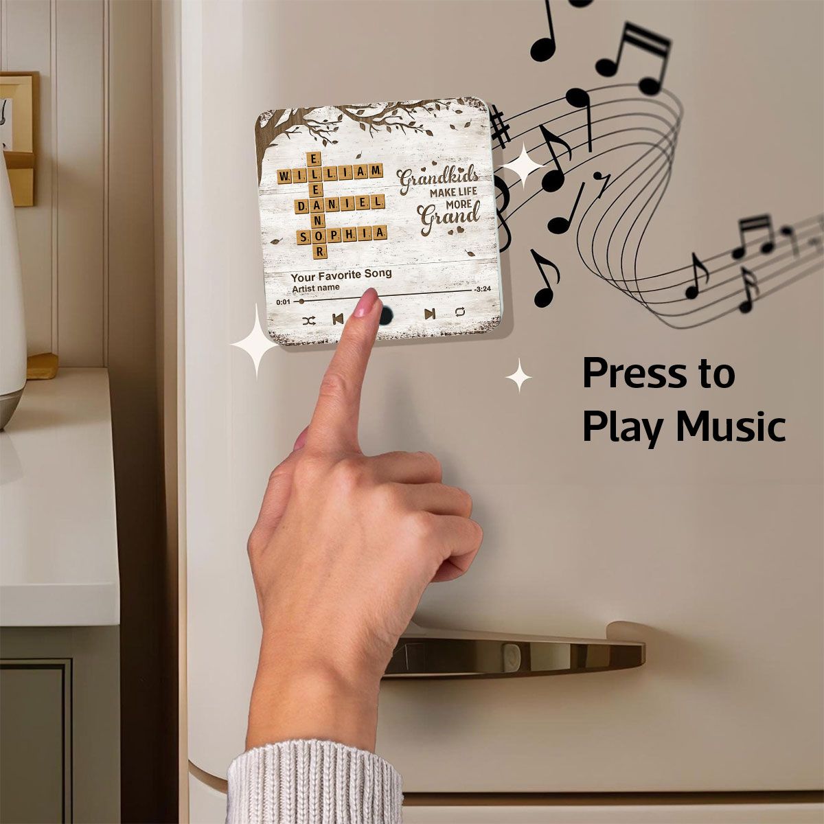Grandkids Make Life More Grand, Crossword Puzzle Art Personalized Music Fridge Magnet, Mother's Day Gift for Grandma