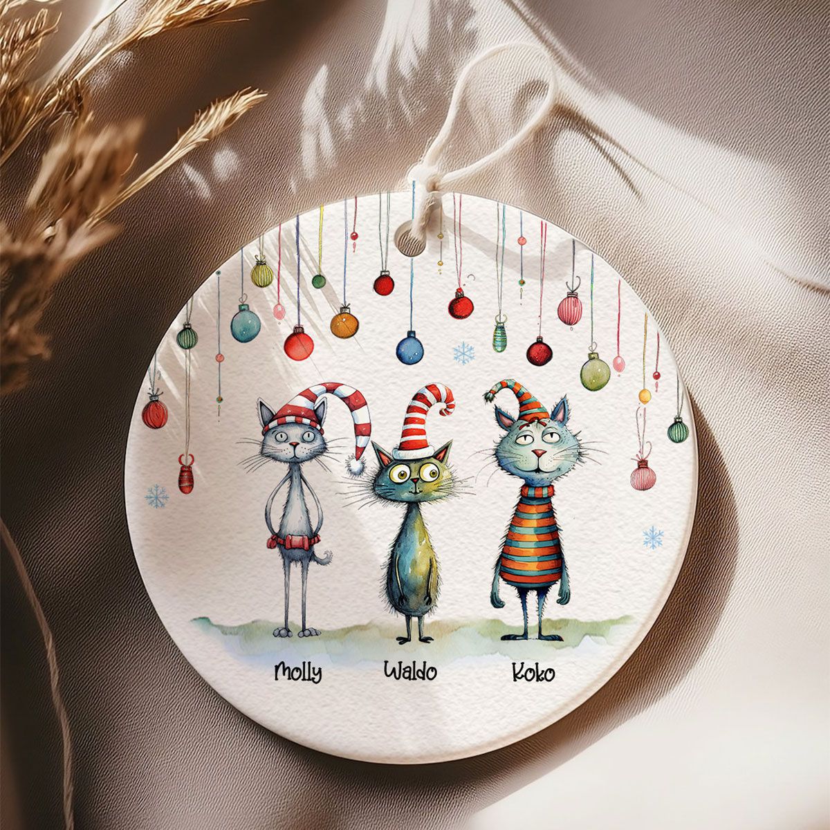 Quirky Christmas Cat Whimsical Funny Silly Holiday Cats Personalized Circle Ceramic Ornament