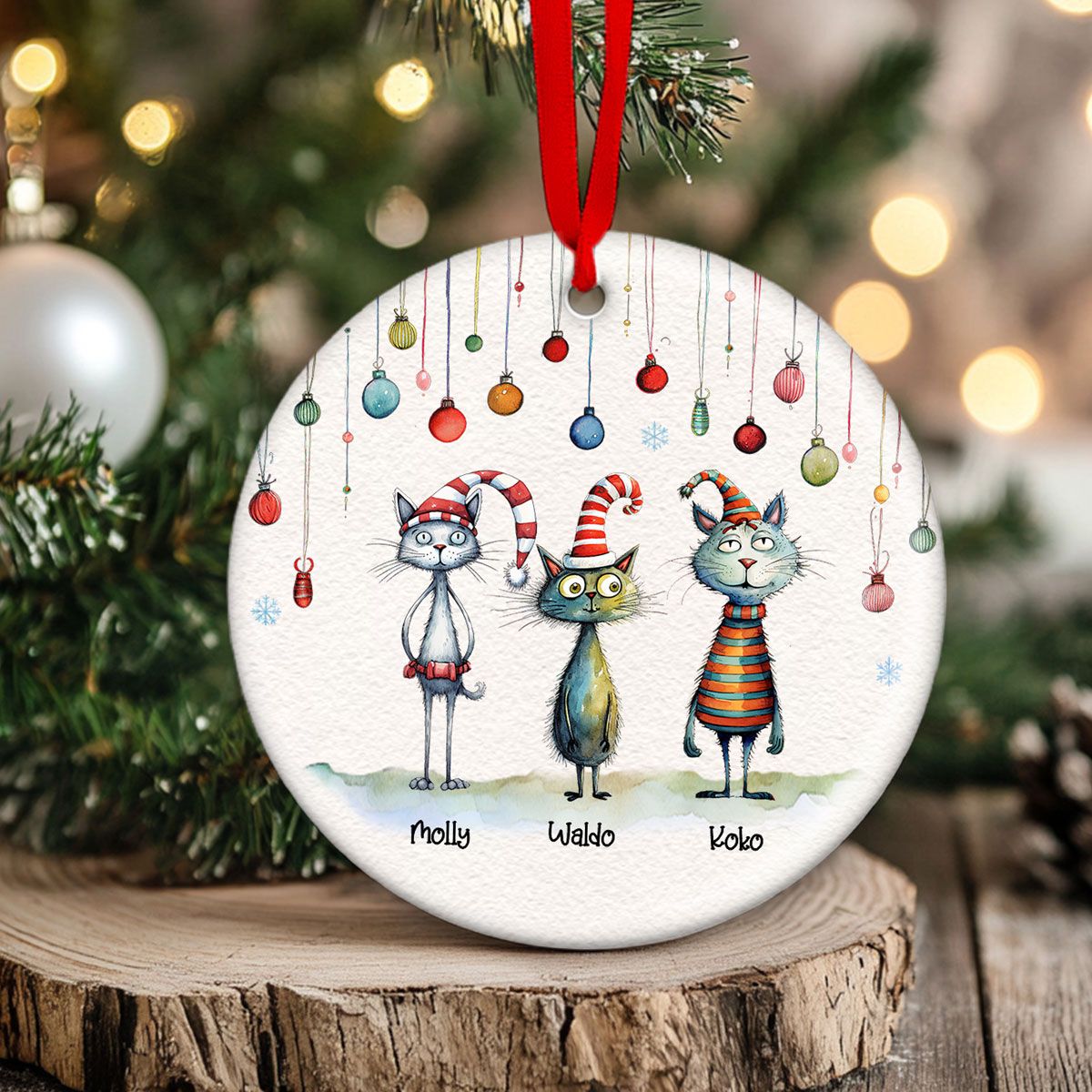Quirky Christmas Cat Whimsical Funny Silly Holiday Cats Personalized Circle Ceramic Ornament