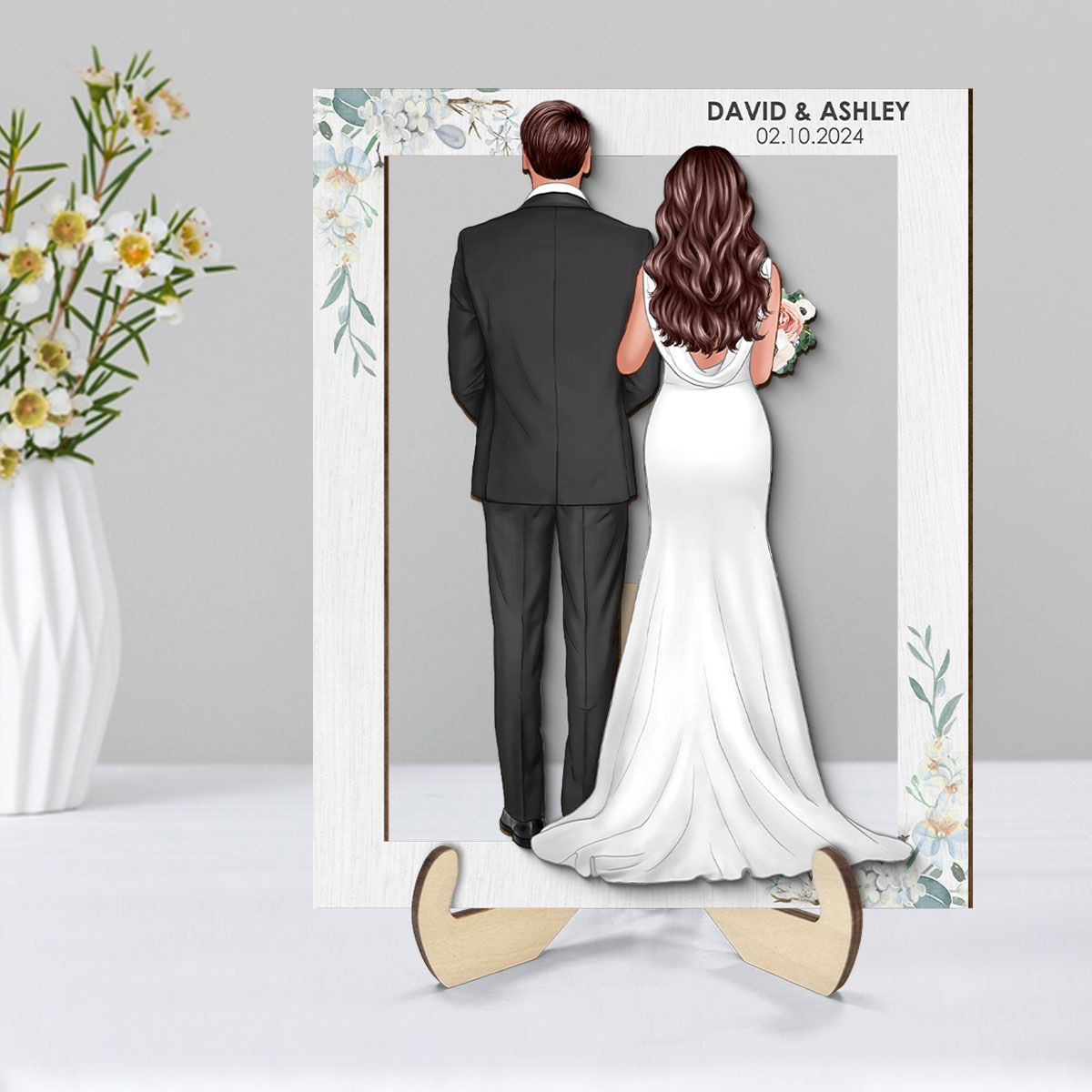 Groom Bride Back View Frame Wedding Gift Personalized 2-Layer Wooden Plaque, Anniversary Gift, Valentines Day Gift For Couples, For Him, For Her
