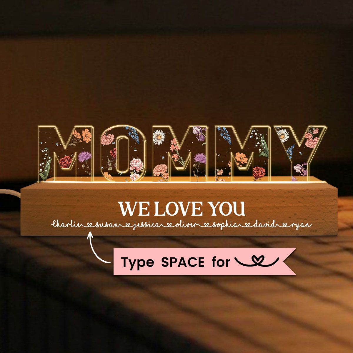 Custom Flower Printed LED Night Light, Birth Month Flower, Mother's Day Gift For Mom, For Grandma, For Wife