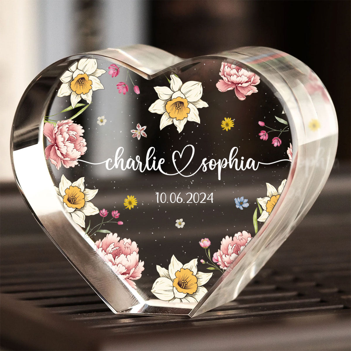 Couple Name Birth Month Flower Premium Crystal Heart LED, Unique Personalized Gift For Couple, For Him, For Her, Perfect Last-minute Valentine's Gift