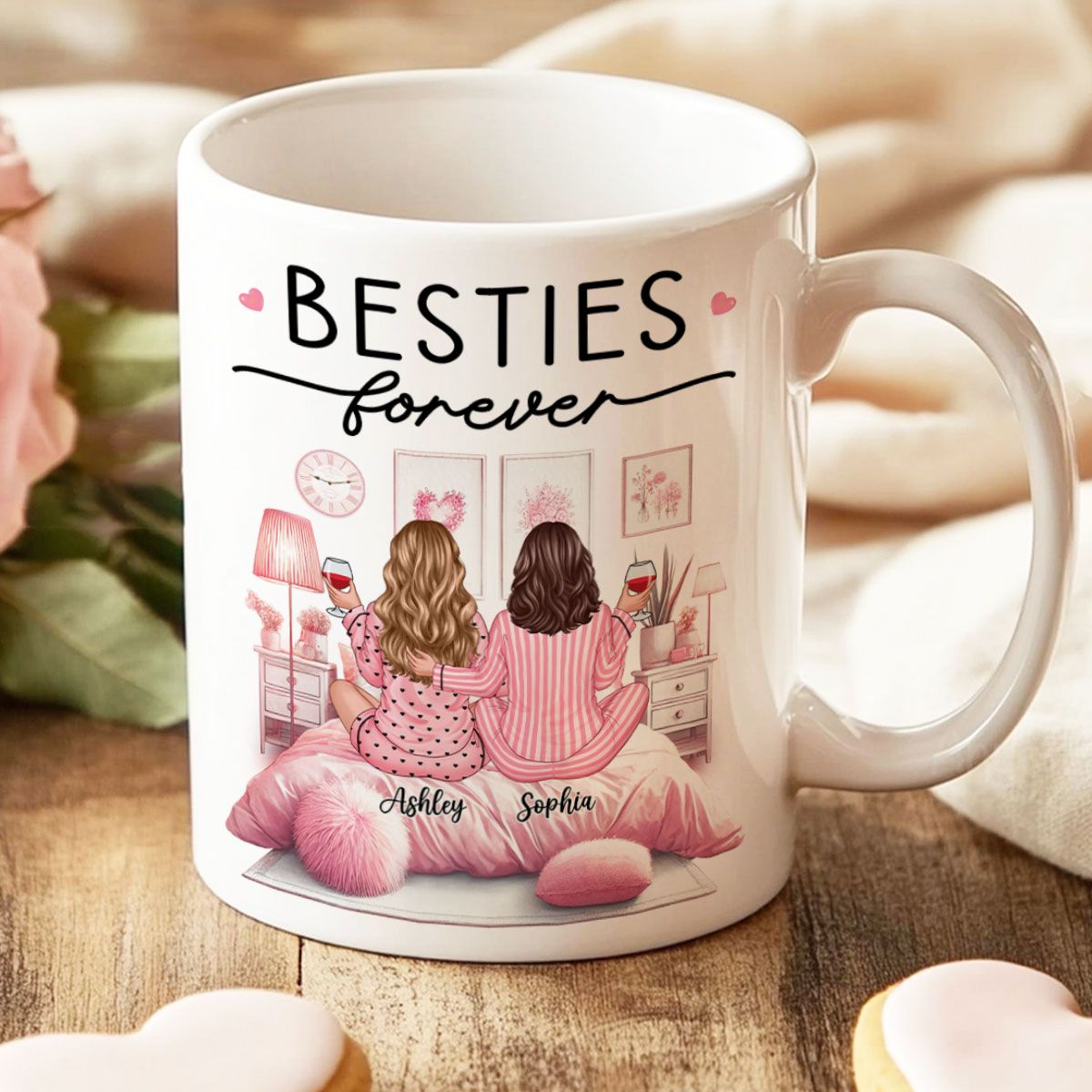 Pink Pajamas Besties In Cozy Room Personalized Mug, Heartfelt Gift For Best Friends, BFF