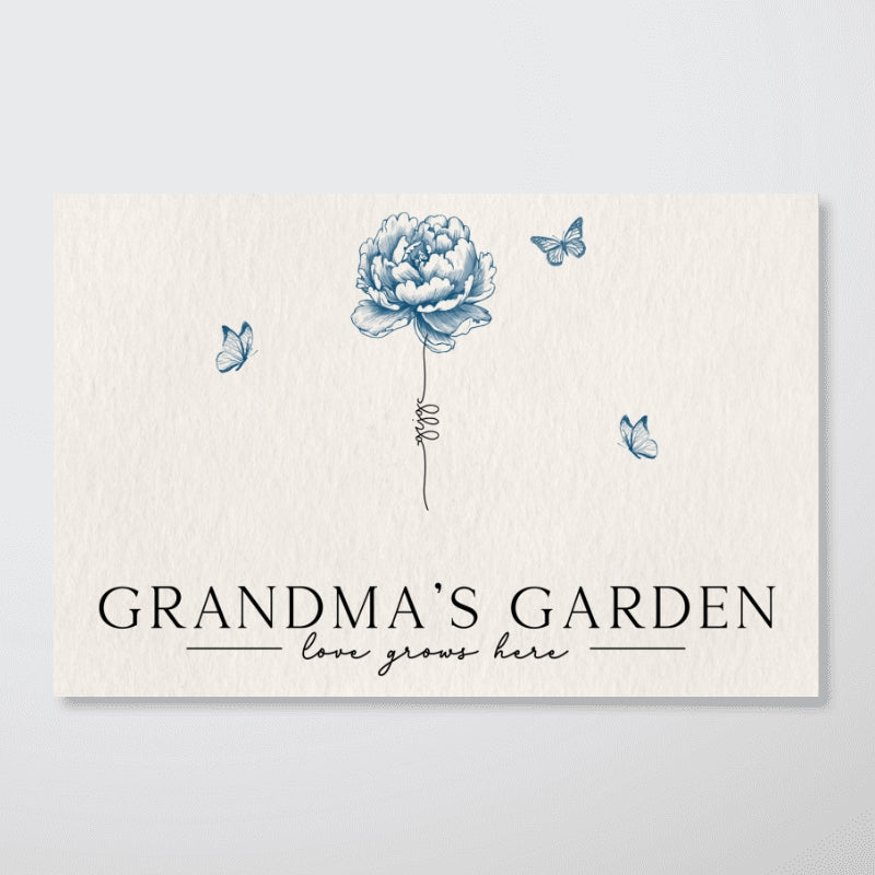 Grandma's Garden Love Grows Here Blue Vingtage Birthmonth Flowers Personalized Canvas, Grandkids Names Floral Gift