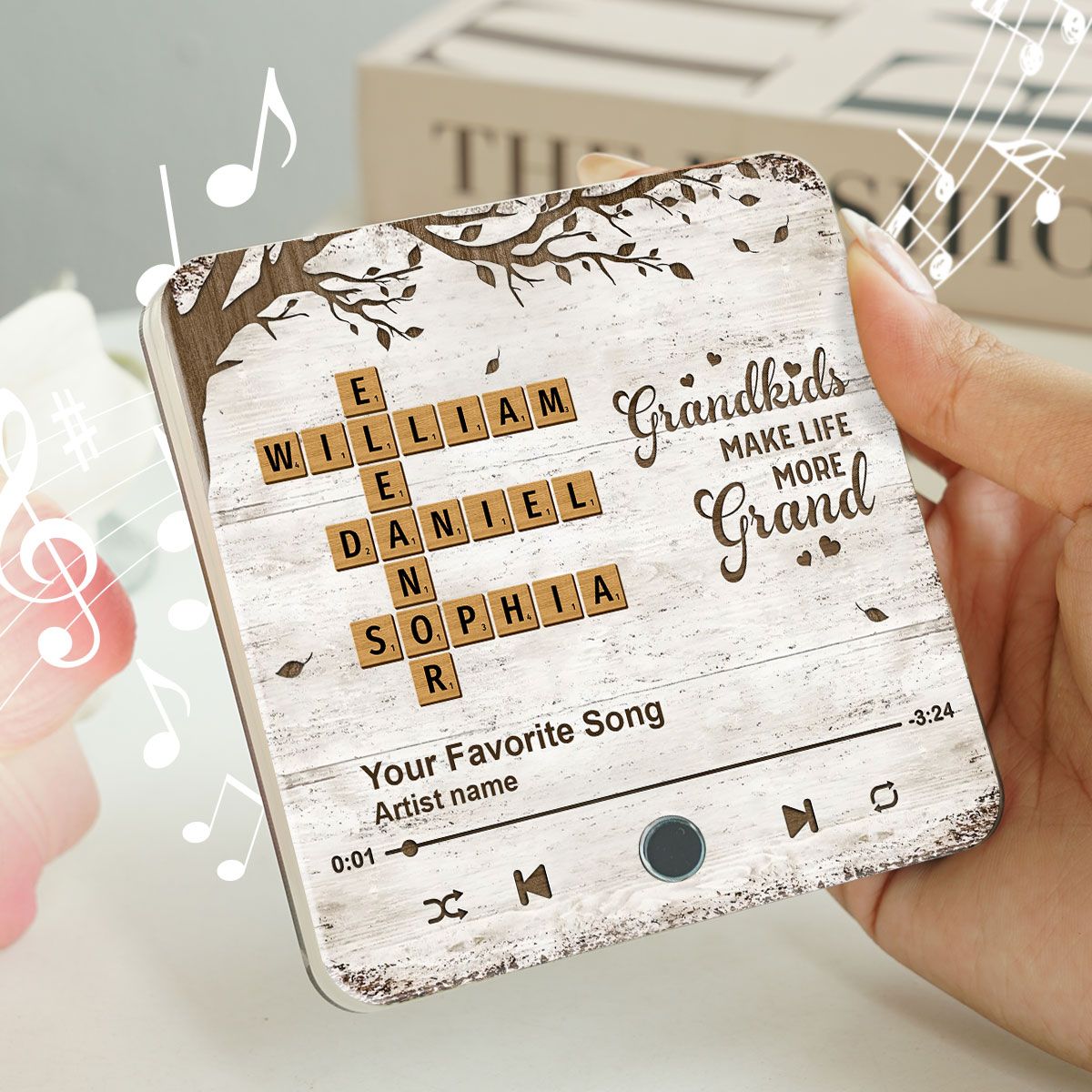 Grandkids Make Life More Grand, Crossword Puzzle Art Personalized Music Fridge Magnet, Mother's Day Gift for Grandma