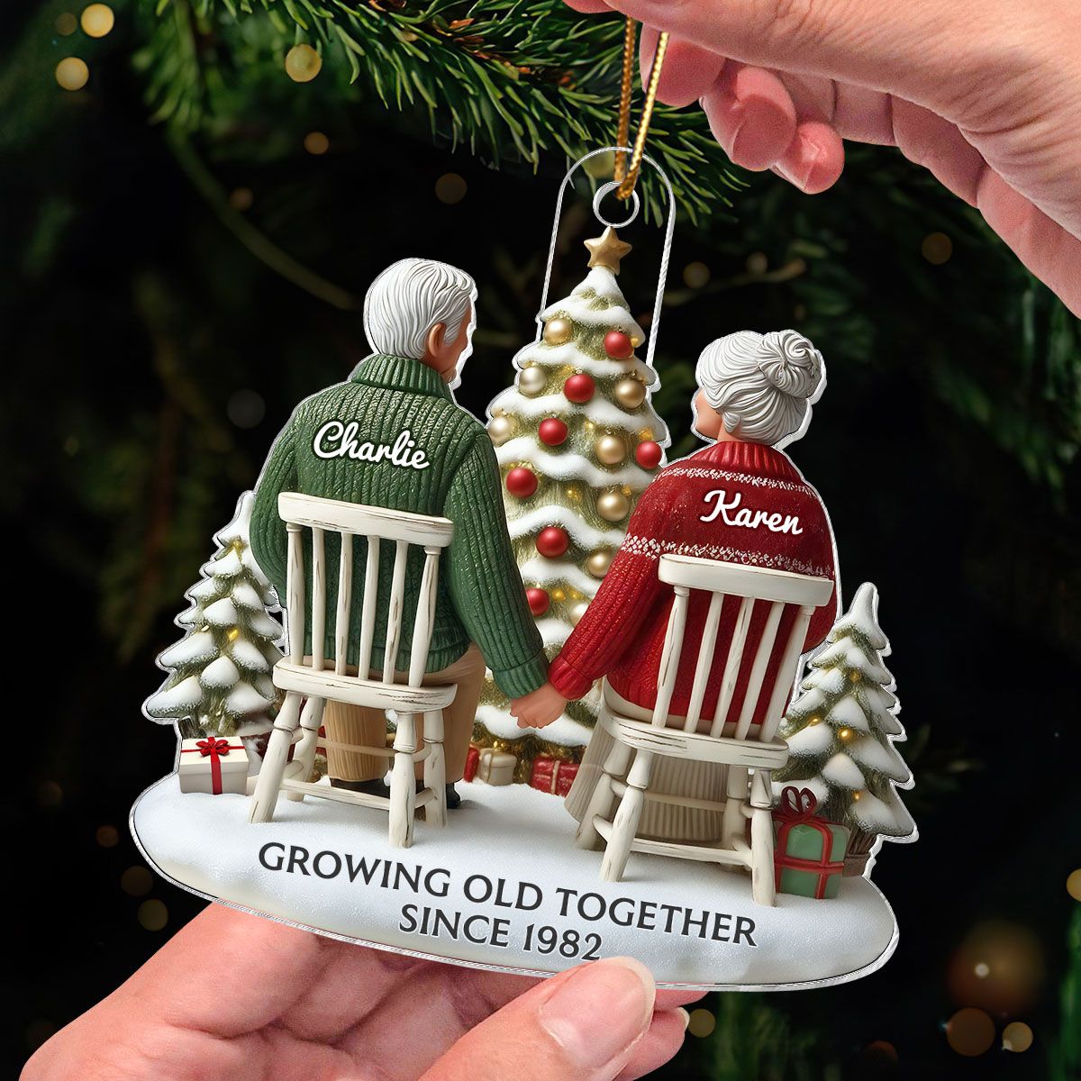 Old Couple Growing Old Together Christmas Personalized Flat Acrylic Ornament, Christmas Gift For Him, For Her, Husband, Wife
