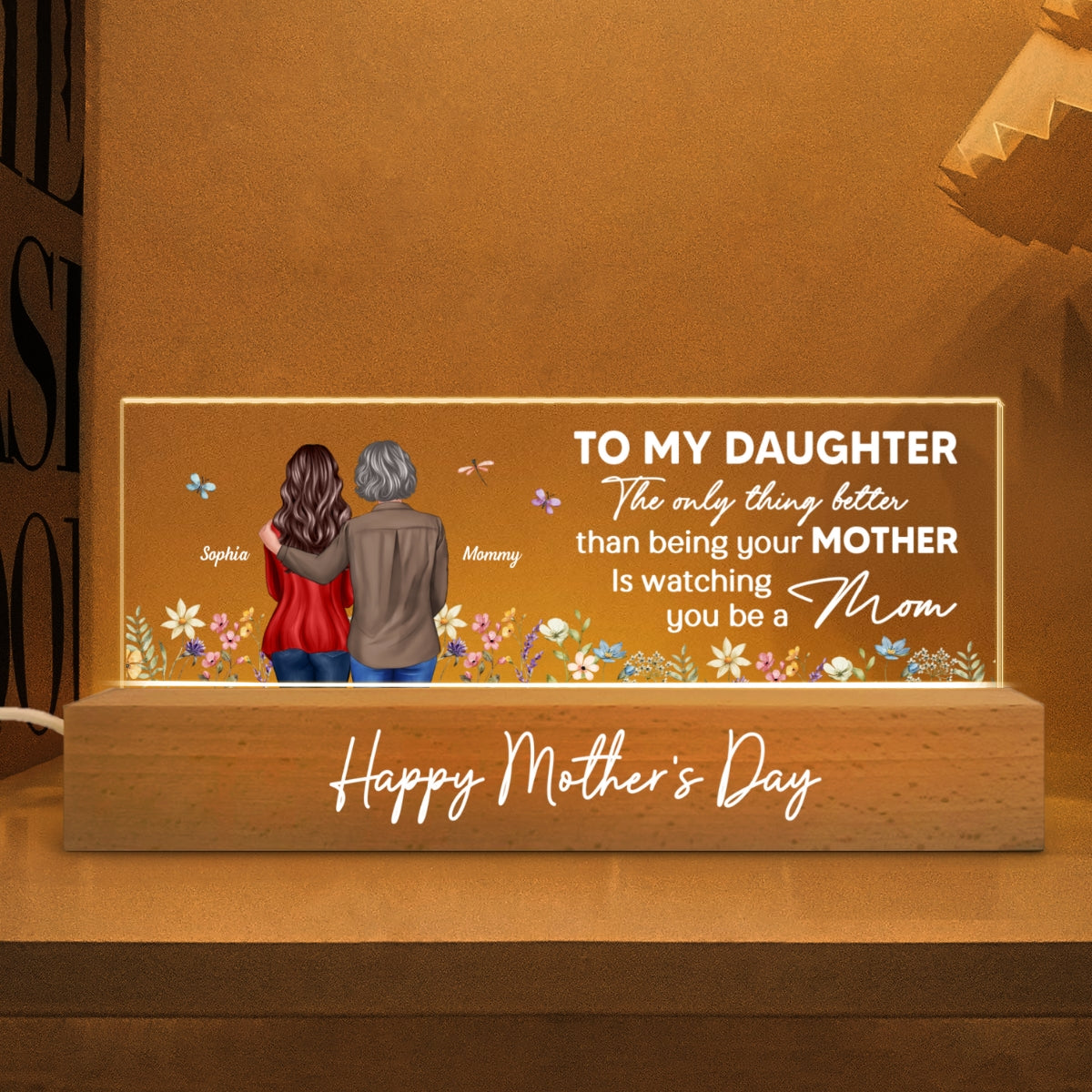 To My Daughter From Mom Happy Mother's Day Floral Personalized Acrylic Block LED Night Light, Mother's Day Gift For Daughter