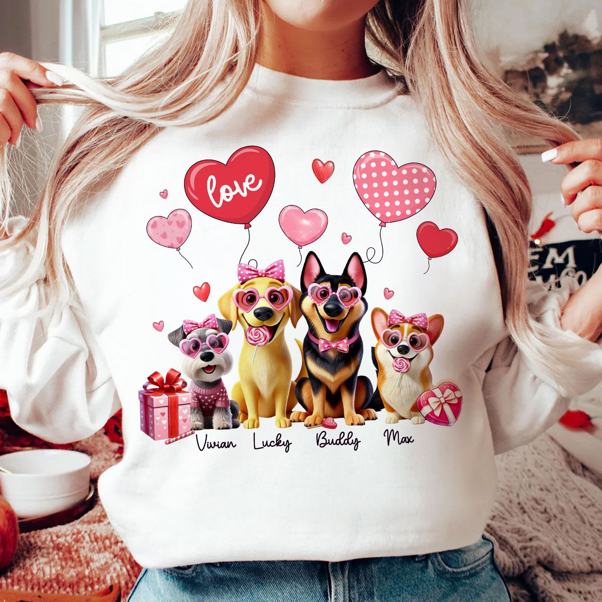 Personalized Valentine Heart Balloon Shirt For Dog Mom, 3D Cute Dogs