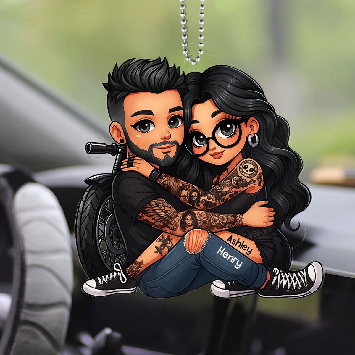 Biker 3D Cartoon Effect Couple Personalized Acrylic Car Ornament, Gift for her, Gift for him, Motorcycle Lovers