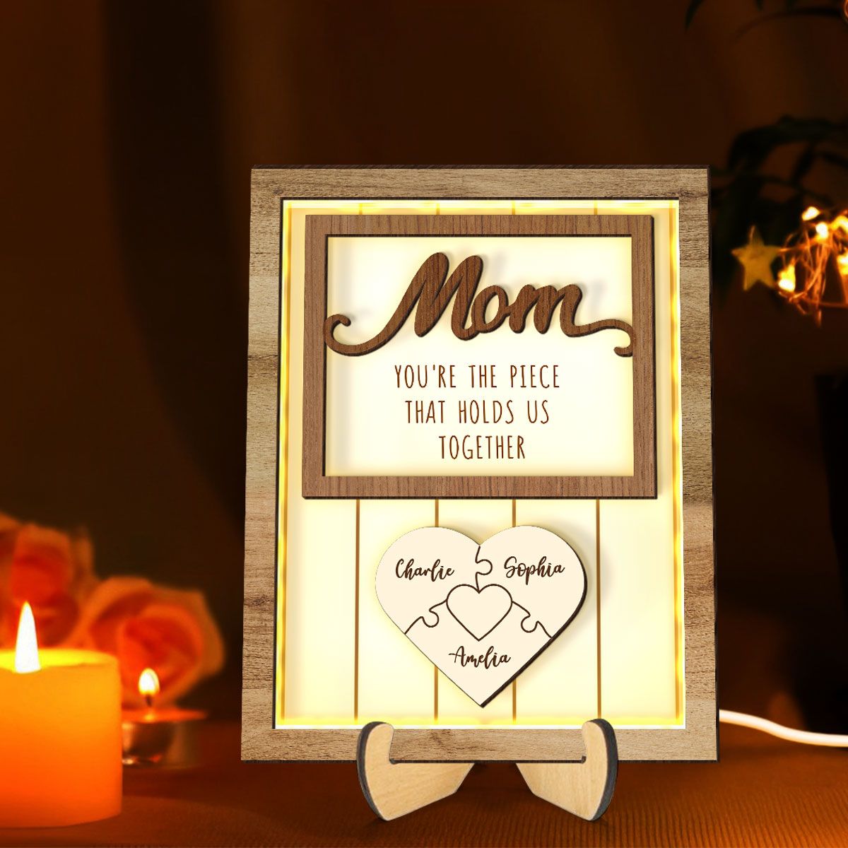 Mom You're The Piece that Holds Us Together Personalized 2-Layered Wooden Frame with LED, Heartfelt Mother's Day Gift for Mom, Grandma