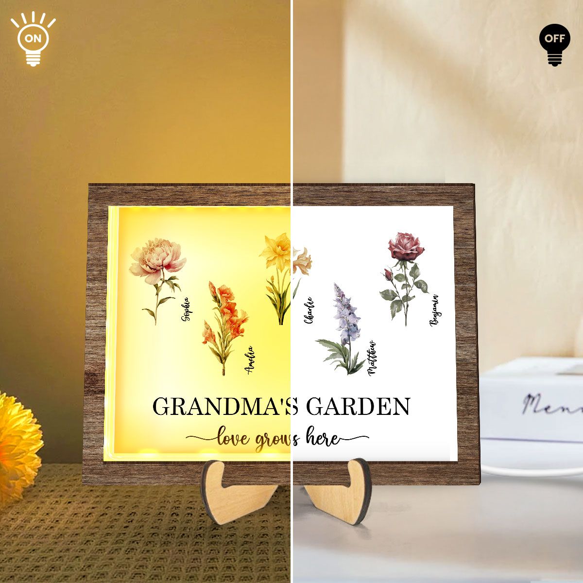 Grandma's Garden Love Grows Here Birth Month Flower Personalized 2-Layered Wooden Frame with LED, Heartfelt Mother's day gift for Grandma, Mom