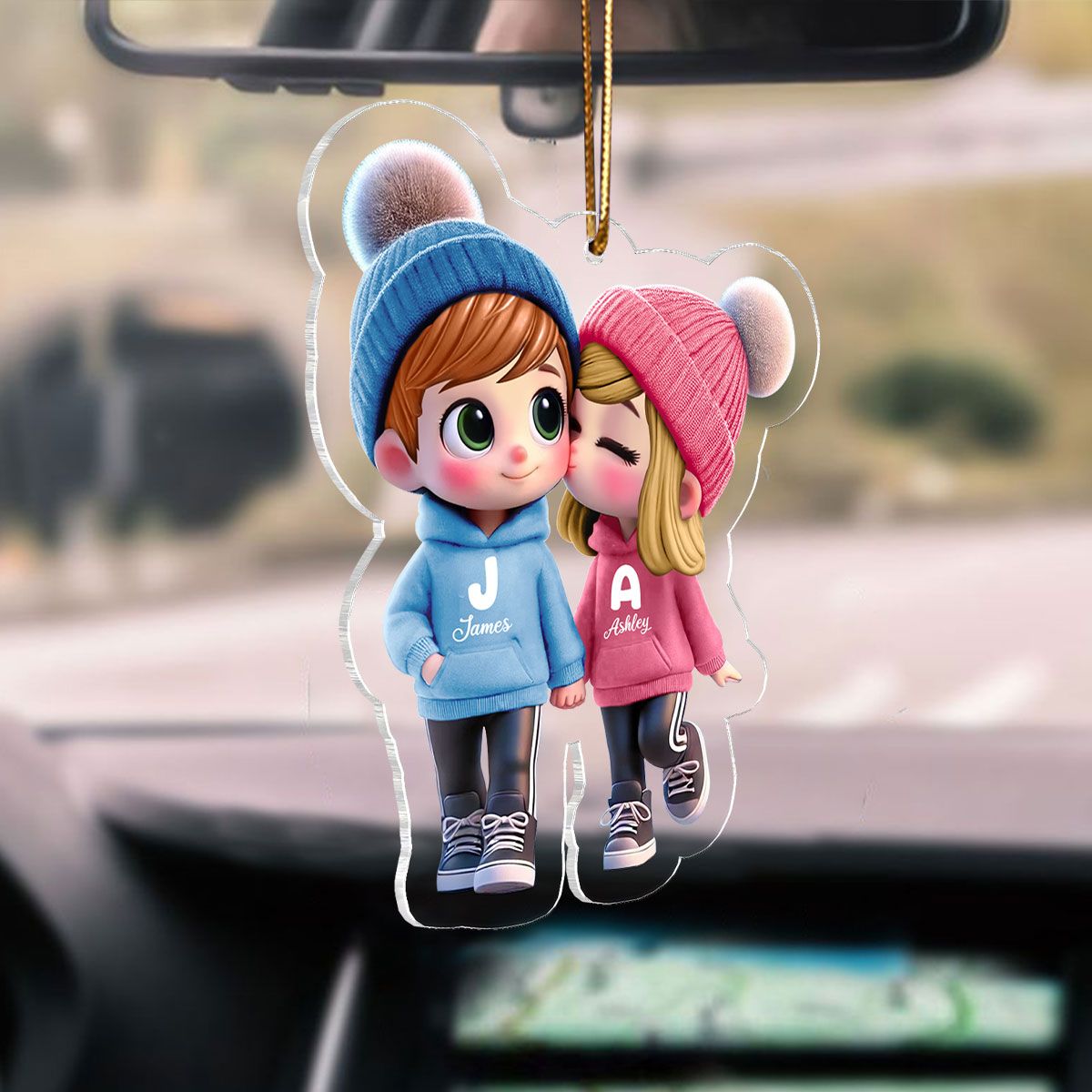 Cute Cartoon Couple Walking Personalized Car Ornament, Gift for him, Gift for her
