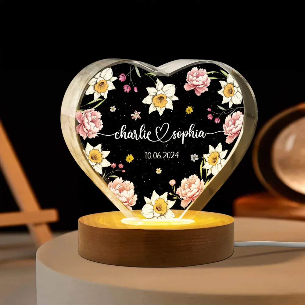 Couple Name Birth Month Flower Premium Crystal Heart LED, Unique Personalized Gift For Couple, For Him, For Her, Perfect Last-minute Valentine's Gift