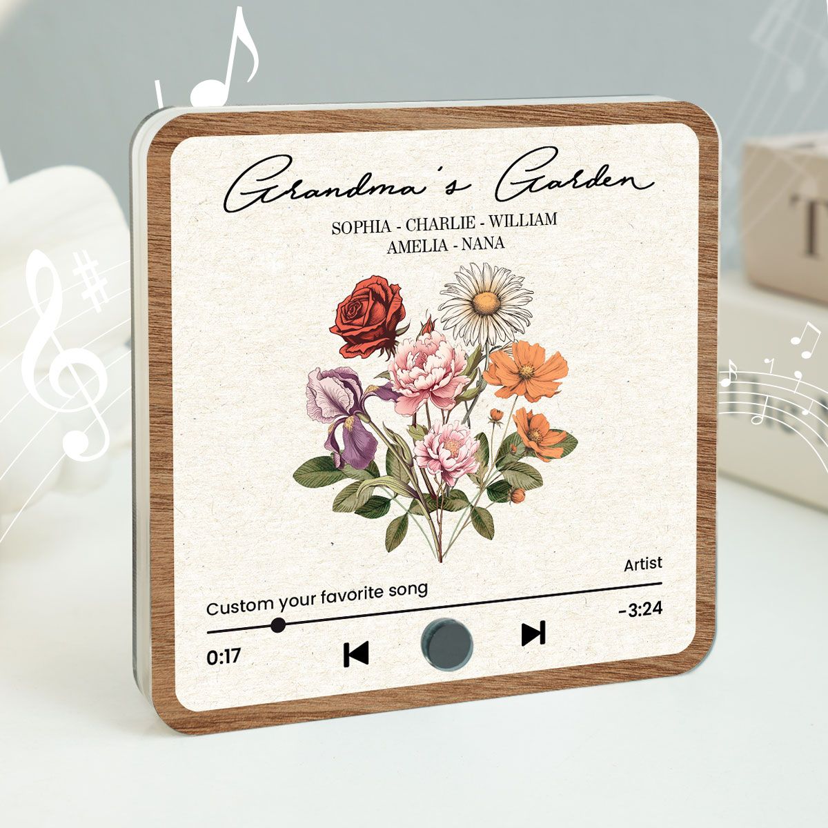 Grandma's Garden Retro Birth Flower Bouquet Personalized Music Fridge Magnet, Gift for Grandma, Mom
