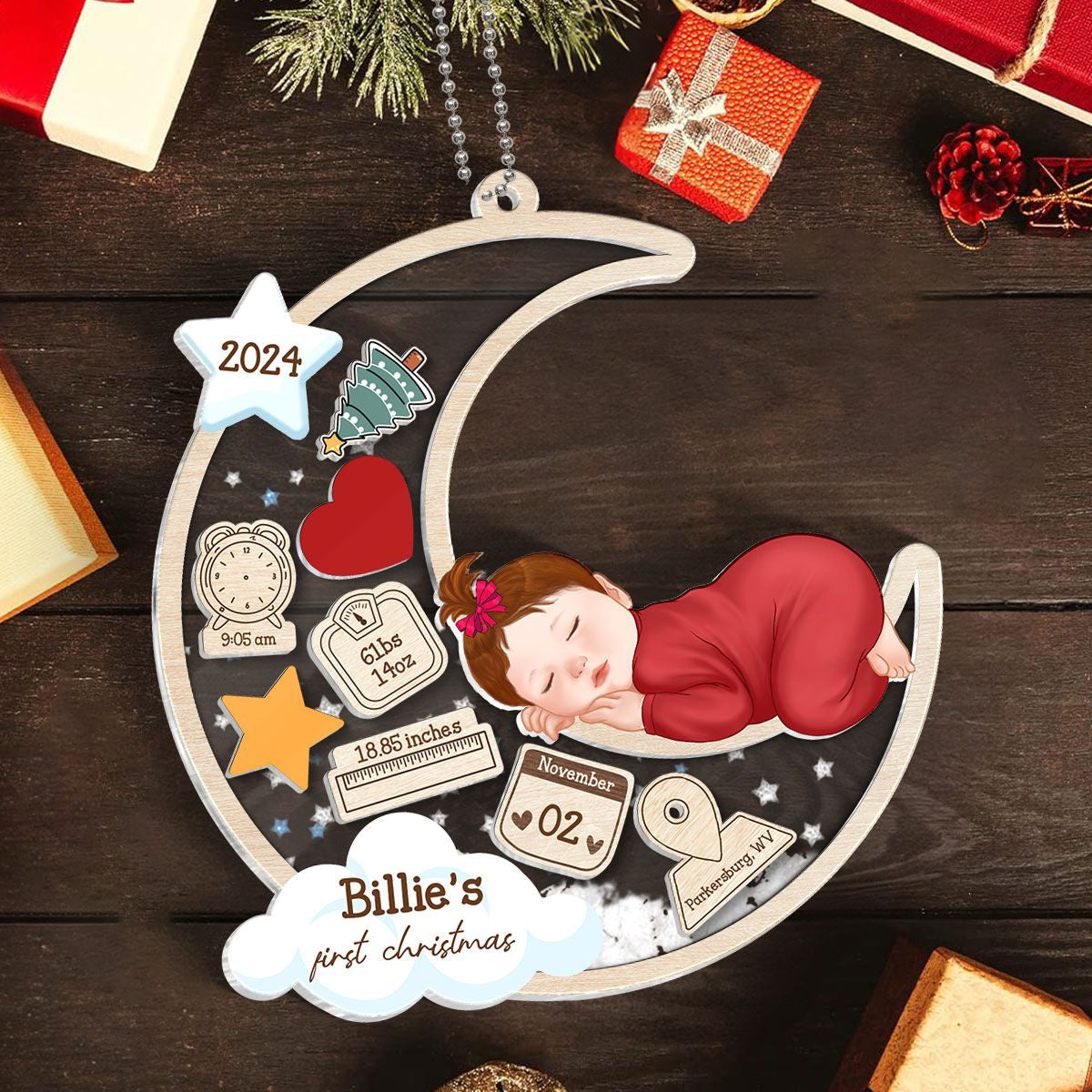 Baby Sleeping On Moon First Christmas Personalized Acylic Ornament, Custom Newborn Gift