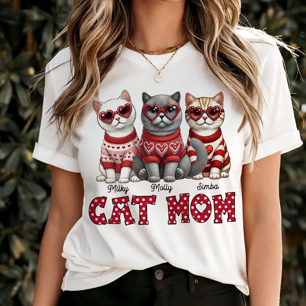 Cat Mom Valentine Pattern Personalized Shirt, Valentine's Day Gift for Cat Moms