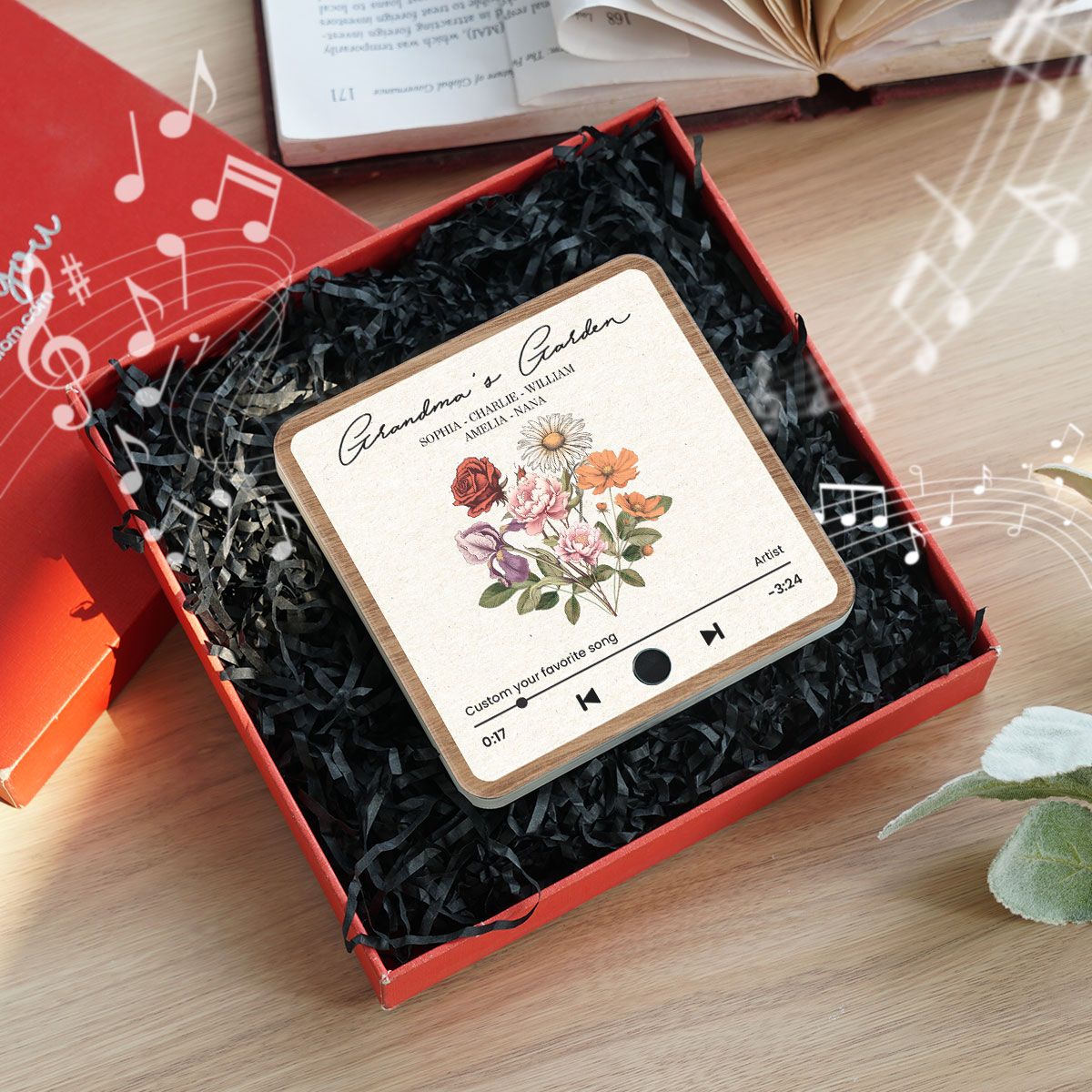 Grandma's Garden Retro Birth Flower Bouquet Personalized Music Fridge Magnet, Gift for Grandma, Mom