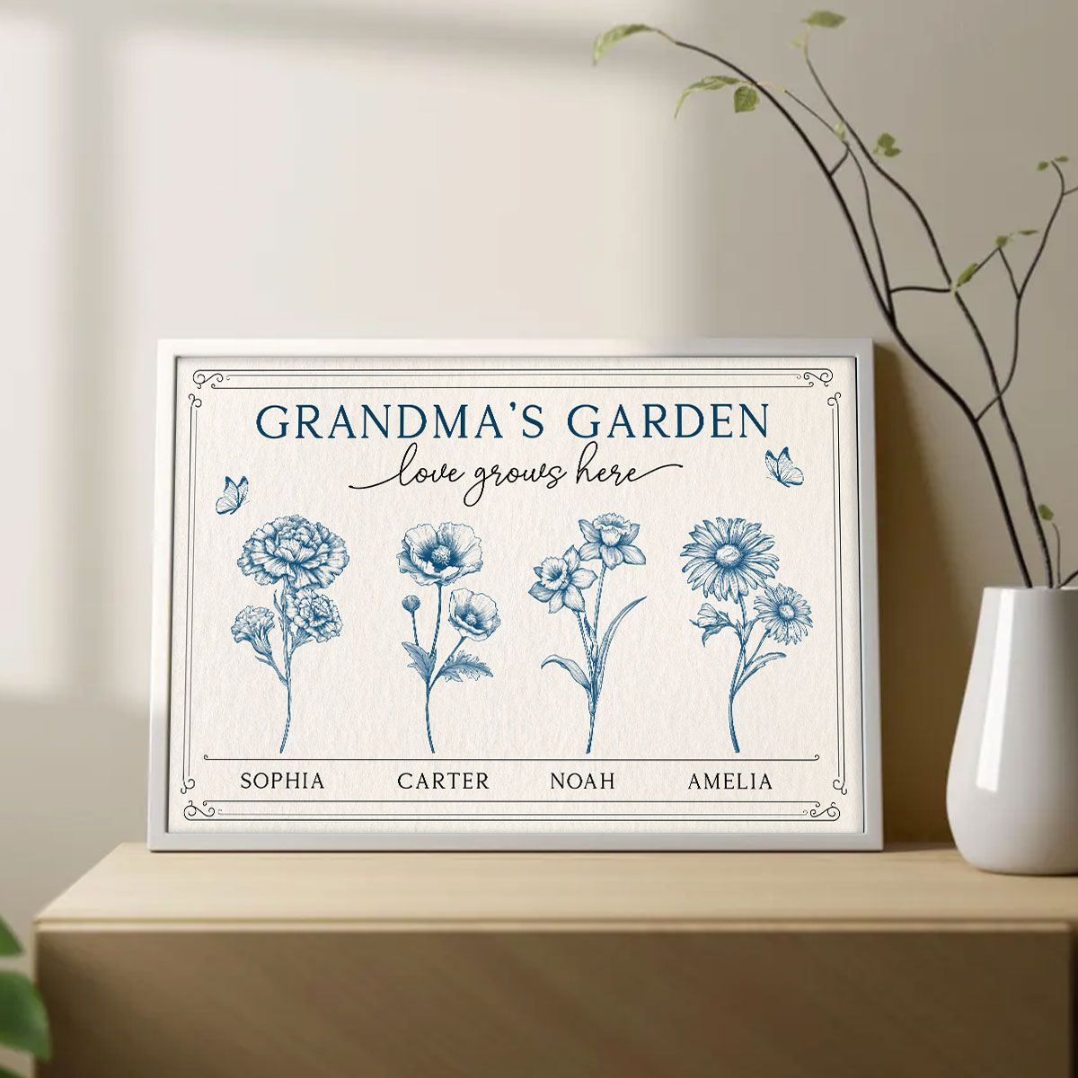 Grandma's Garden Retro Birthmonth Flower Personalized Canvas, Grandkids Names Floral Gift