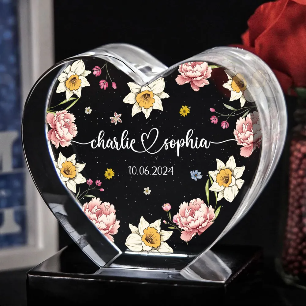 Couple Name Birth Month Flower Premium Crystal Heart LED, Unique Personalized Gift For Couple, For Him, For Her, Perfect Last-minute Valentine's Gift
