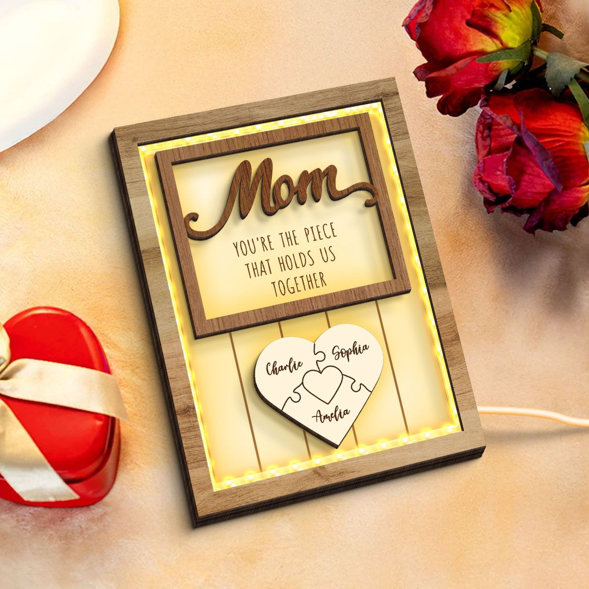Mom You're The Piece that Holds Us Together Personalized 2-Layered Wooden Frame with LED, Heartfelt Mother's Day Gift for Mom, Grandma