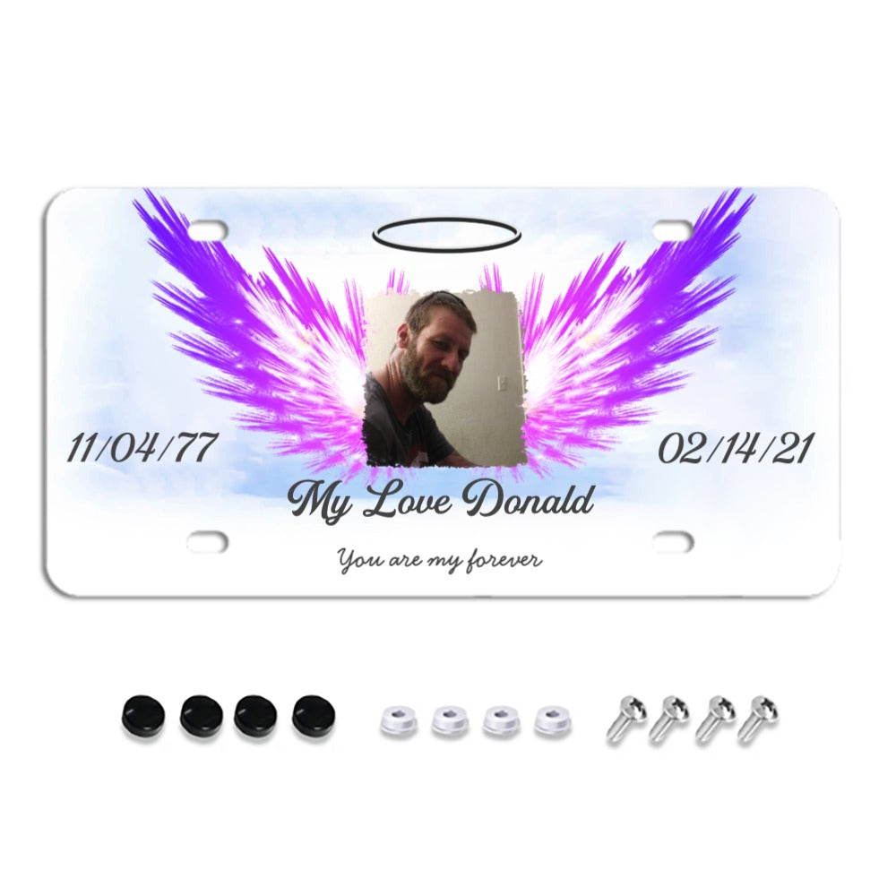 Unique Custom License Plate, Personalized Photo & Texts Angle Wing Memorial Decorative Front License Plate