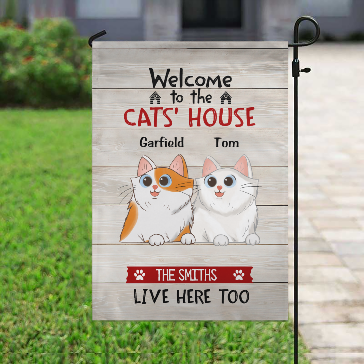 Welcome To The Cat House Cartoon Peeking Cat Personalized Garden Flag