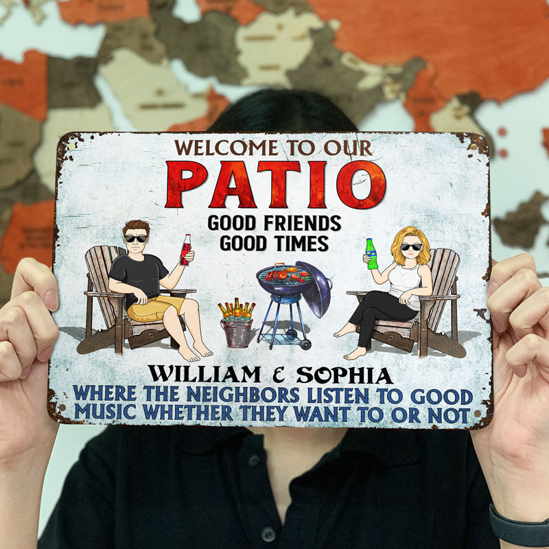 Poolside Grilling Listen To The Good Music Couple - Backyard Sign - Personalized Custom Classic Metal Signs