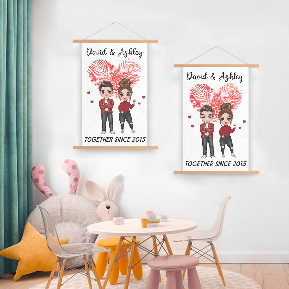 Doll Couple Together Since Anniversary Gift Personalized Wall Scroll Painting With Wooden Poster Hanger